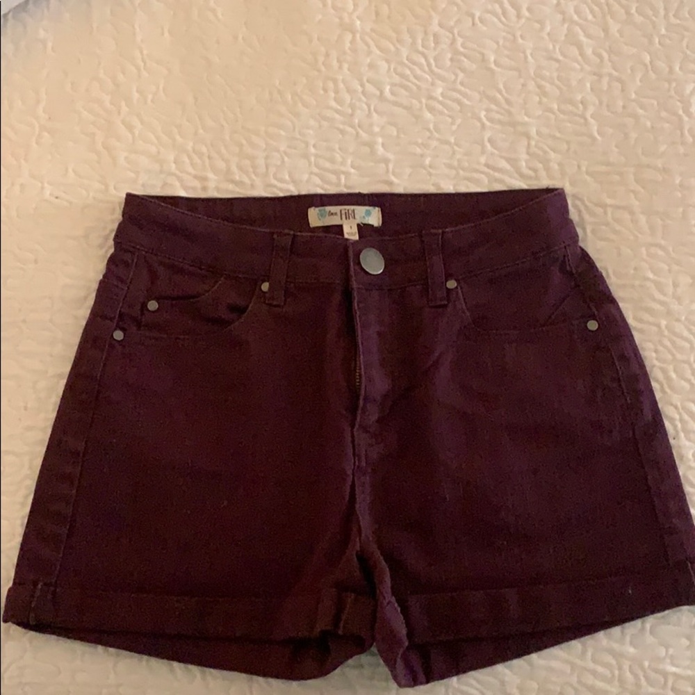 High waisted maroon denim shorts